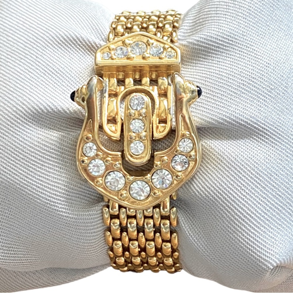Cindy Adams Vintage Gold Mesh Belt Buckle Bracelet w/ Rhinestones